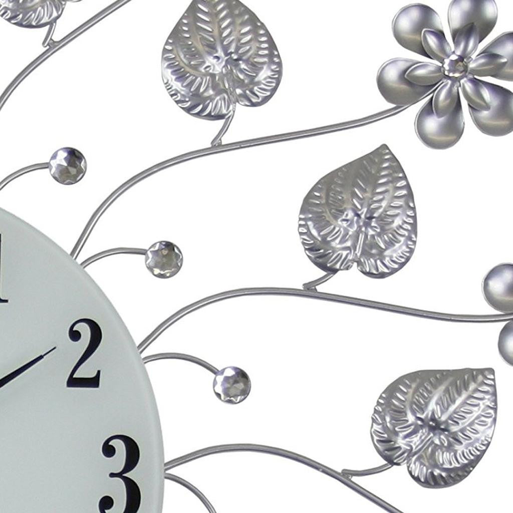 27" Silver White And Black Metal and Glass Silent Analog Floral Round Wall Clock