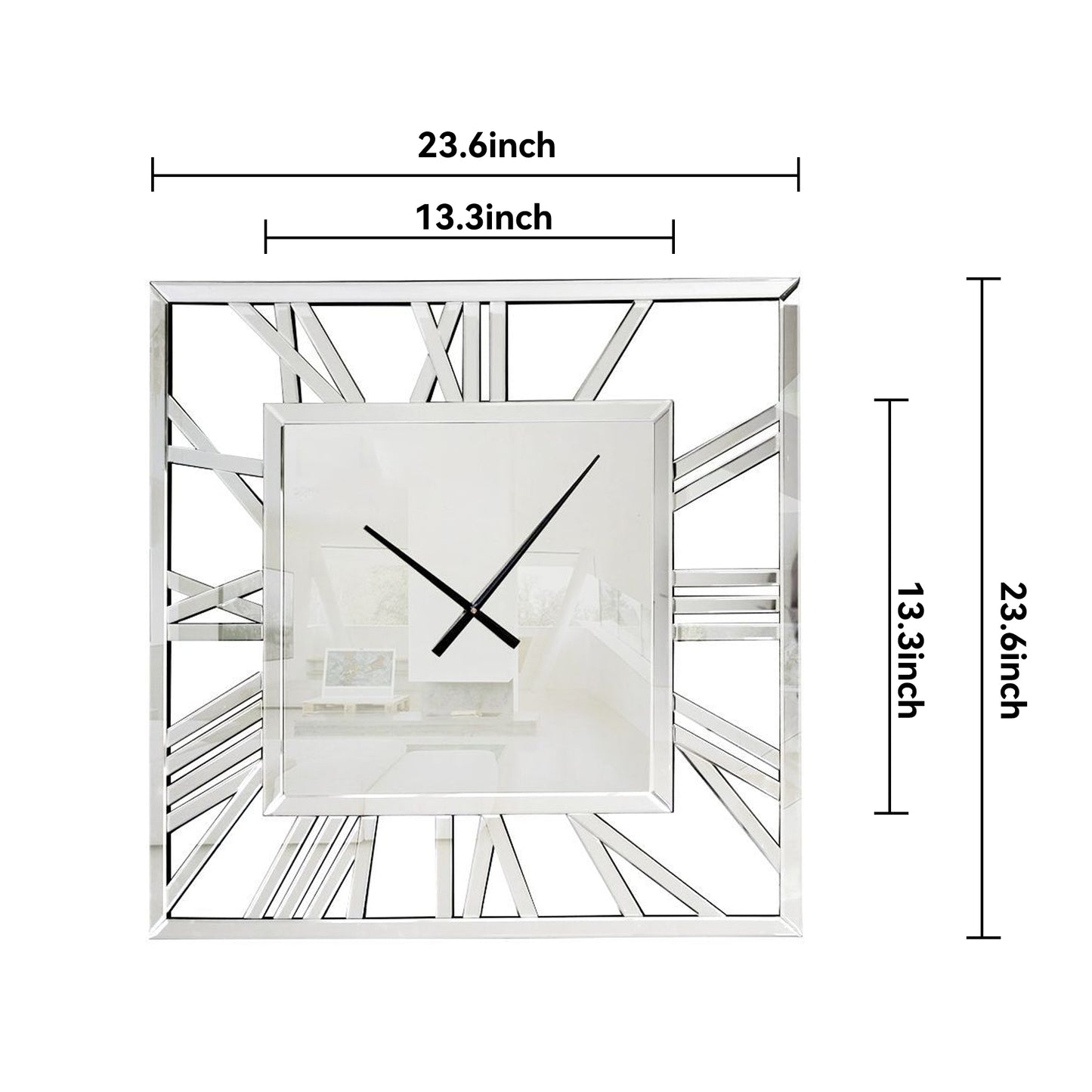 27" Silver Mirrored Glass Silent Analog Square Wall Clock