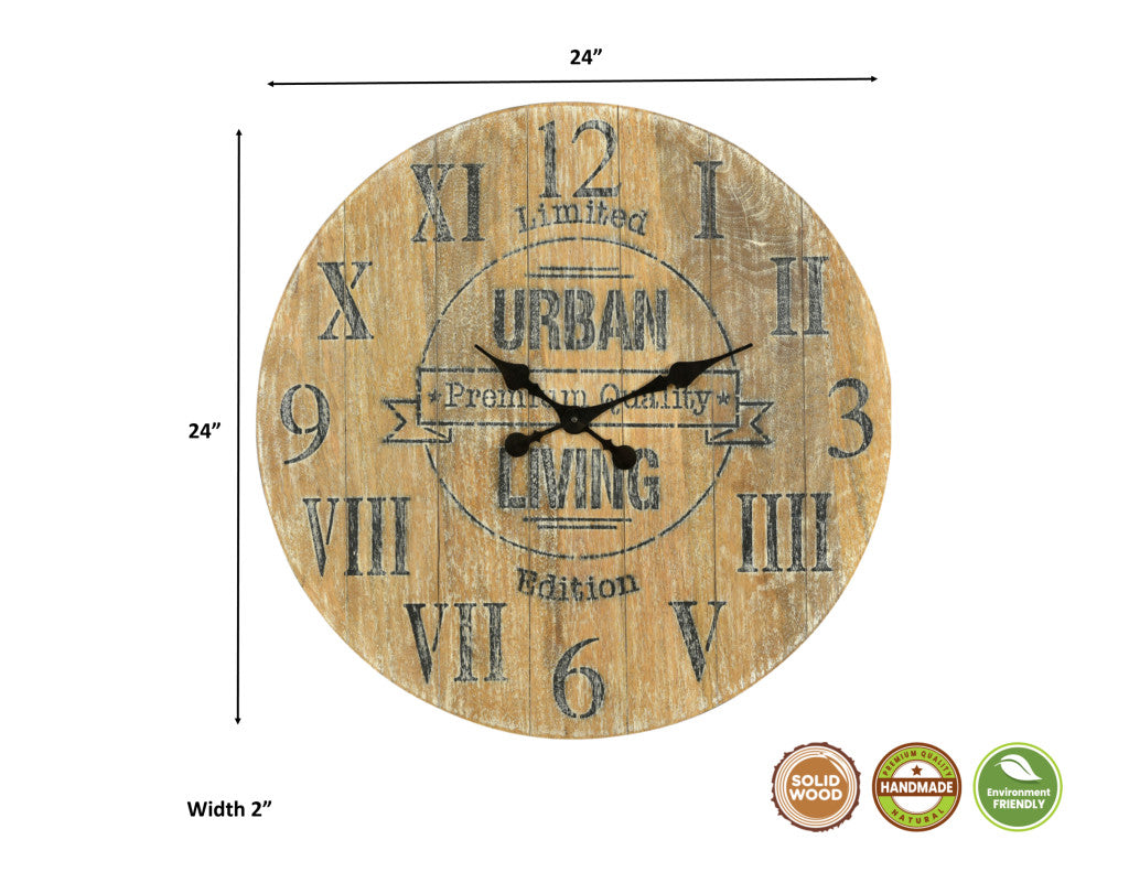 24" Natural Distressed Solid Wood Silent Analog Round Wall Clock